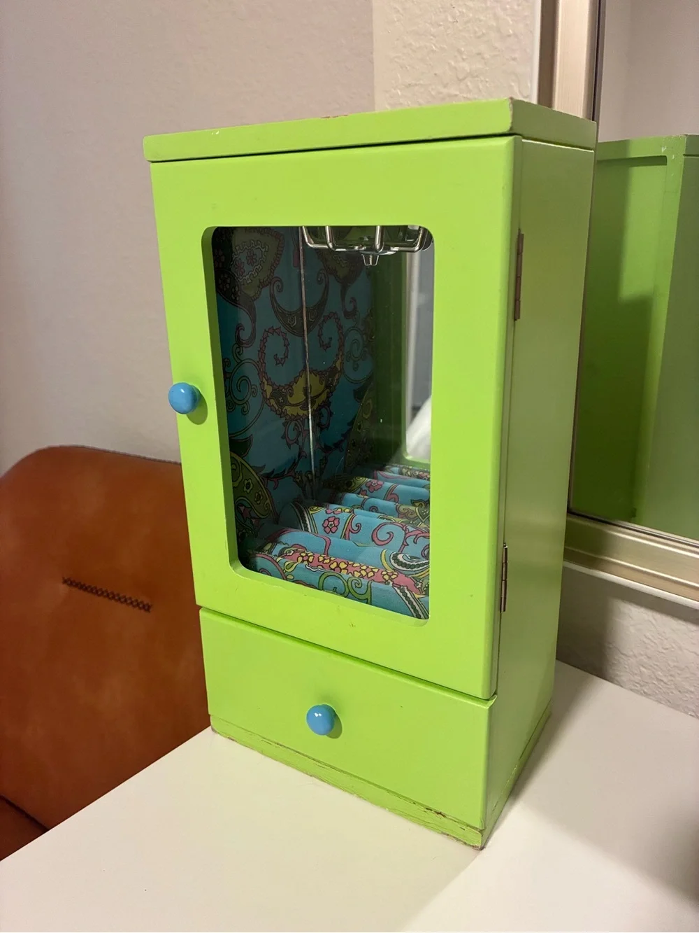 Retro Lime Green Jewelry Armoire with Drawer and Mirror